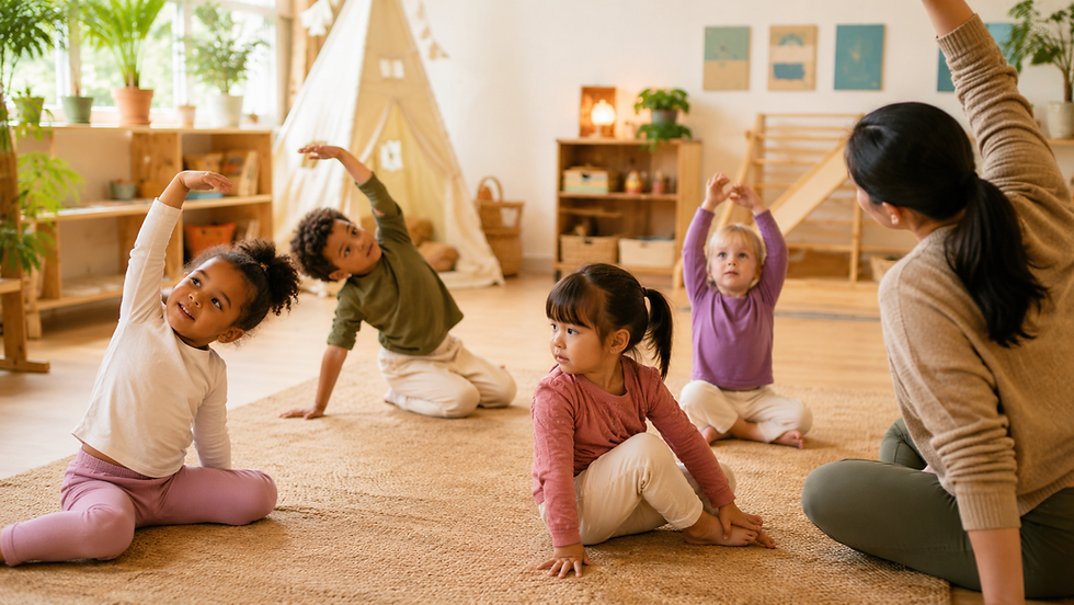 Children exploring movement and learning in early childhood with an educator in a classroom