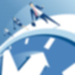 Business people with briefcases race on a giant clock face against a blue gradient background, symbolizing time management and urgency.