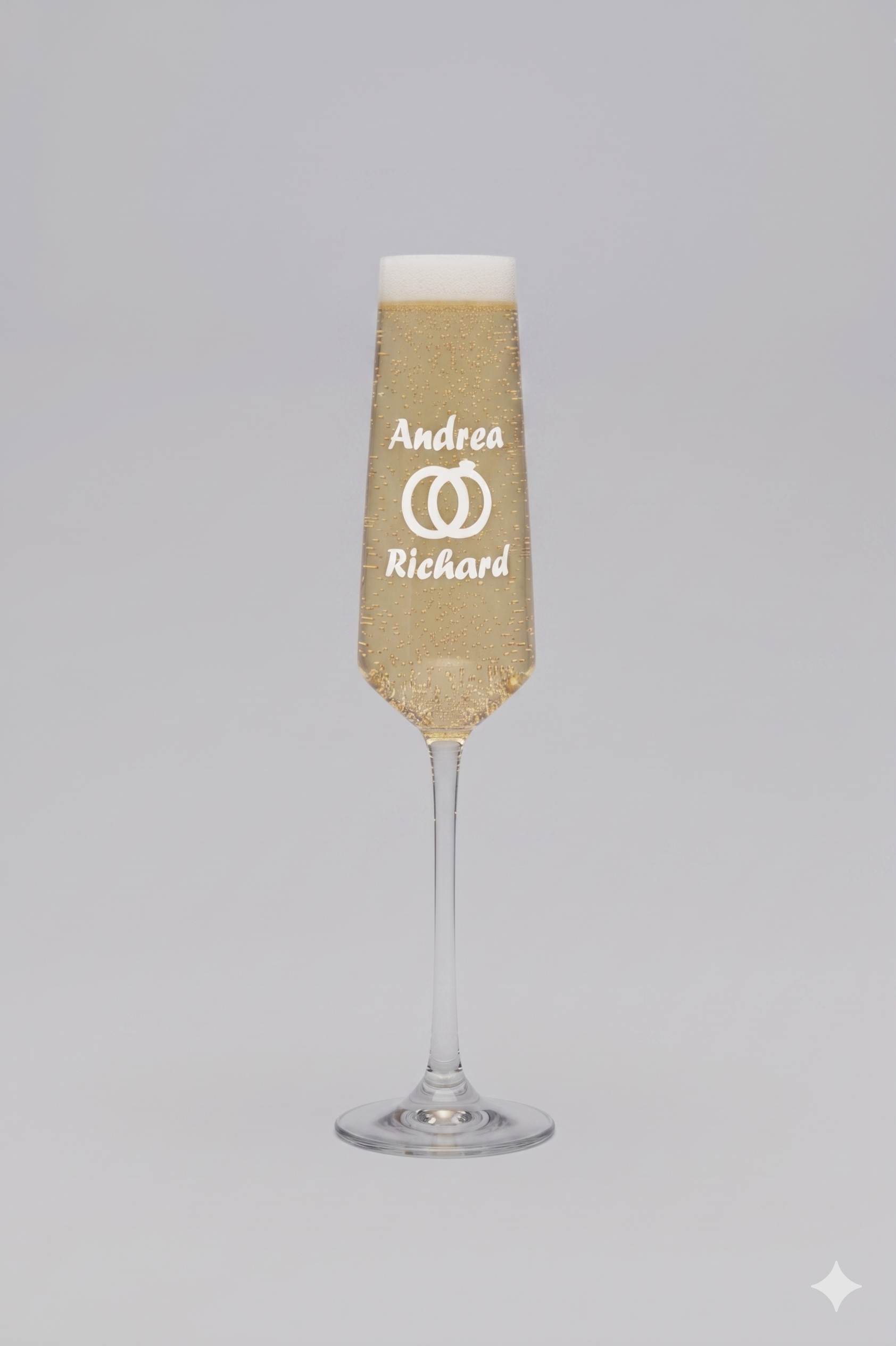 Personalized champagne flute with Andrea Richard and rings