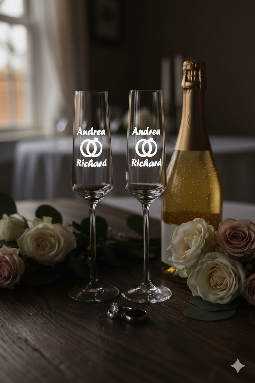 Personalized wedding champagne flutes Andrea Richard
