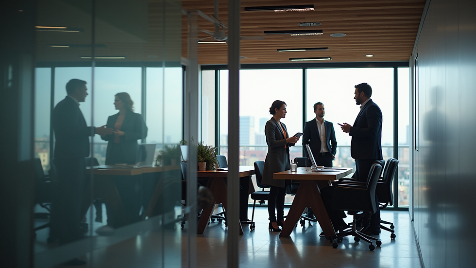 Eye-level view of a modern office environment with diverse professionals discussing business strategies
