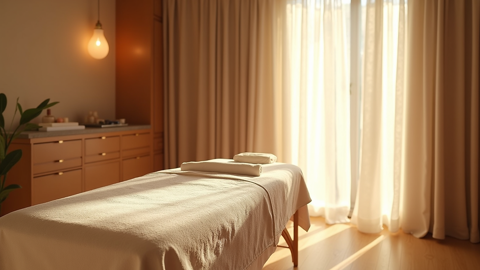 High angle view of a peaceful spa room with massage table and soft lighting