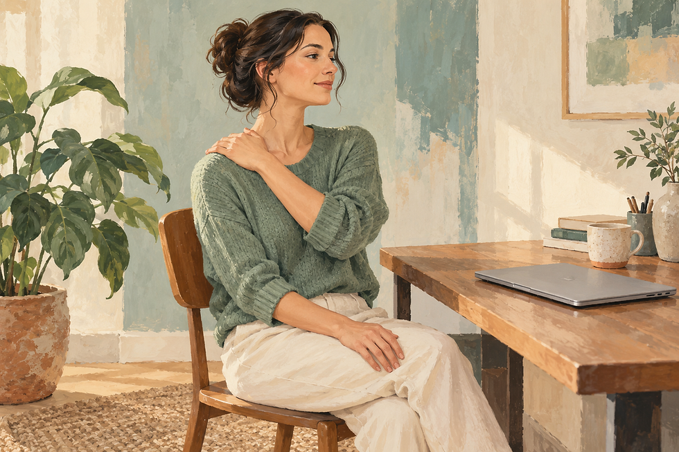Original illustration of a seated woman resting one hand on her upper shoulder beside a closed laptop.