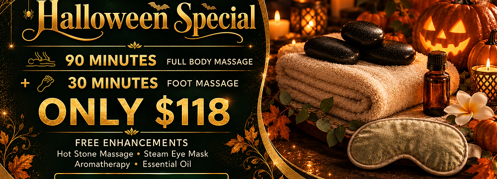 Mint Spa Massage Halloween Special: 90-minute full-body massage plus 30-minute foot massage, only $118, with four free enhancements.