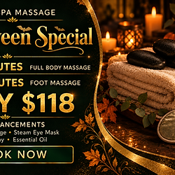 Mint Spa Massage Halloween Special: 90-minute full-body massage plus 30-minute foot massage, only $118, with four free enhancements.