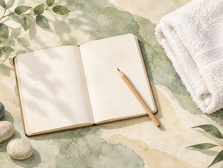 Original watercolor illustration of an open blank journal and pencil beside a folded white massage towel.