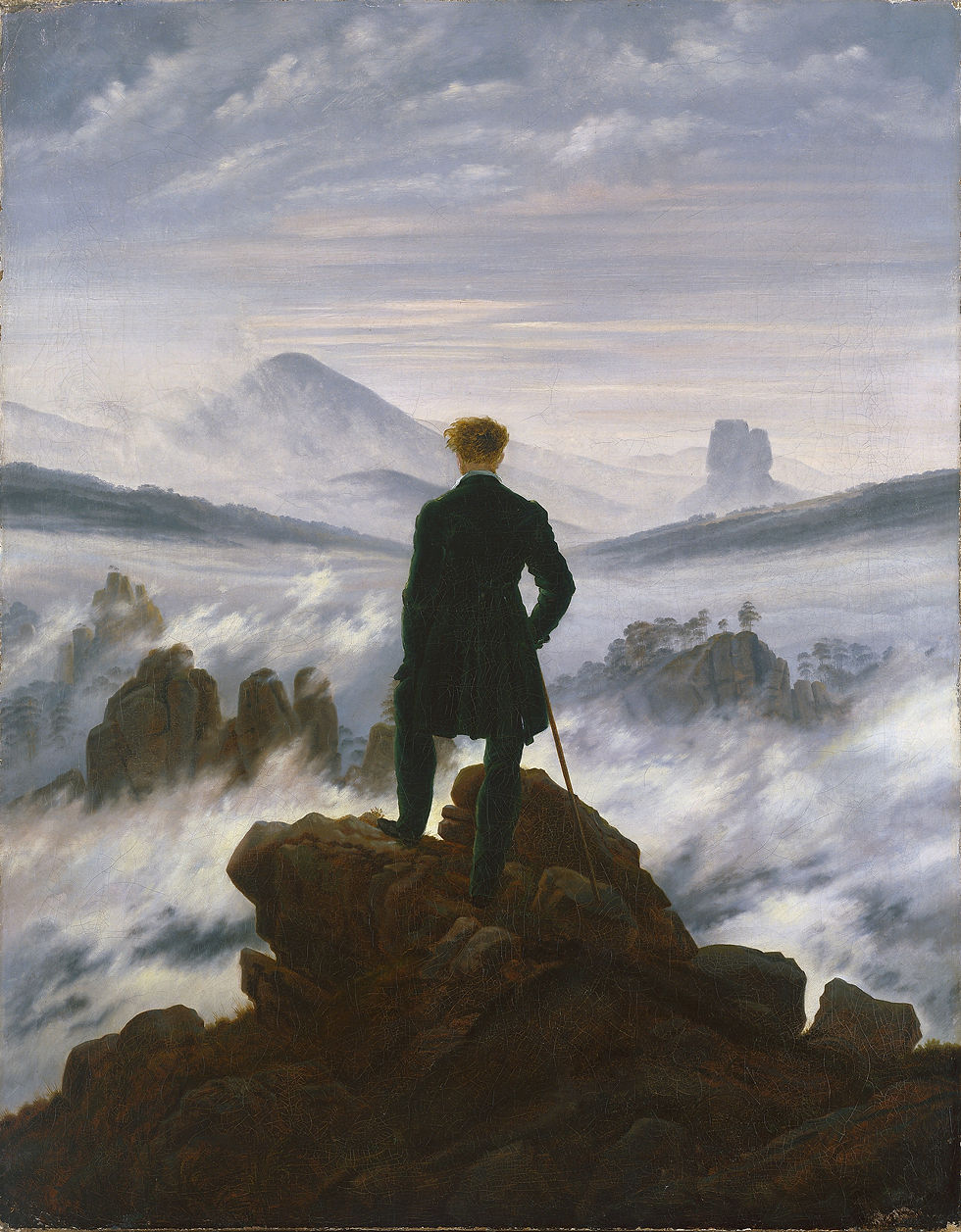 Caspar David Friedrich’s Wanderer above the Sea of Fog, showing a lone figure on a rocky peak above misty mountains