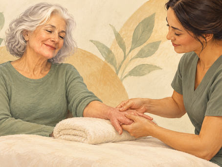 Original illustration of an older adult receiving a gentle hand massage, with the forearm supported on a folded towel.