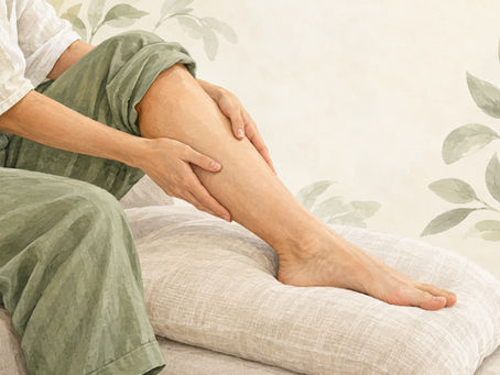 Watercolor illustration of an adult resting a lower leg on a linen cushion, with hands placed lightly around the calf.