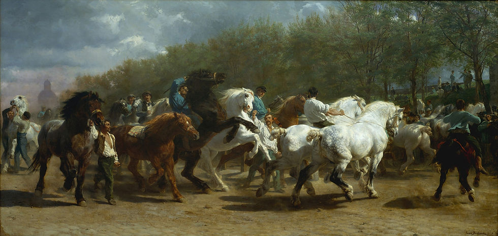 Rosa Bonheur’s The Horse Fair, showing powerful horses and handlers moving through a Paris market