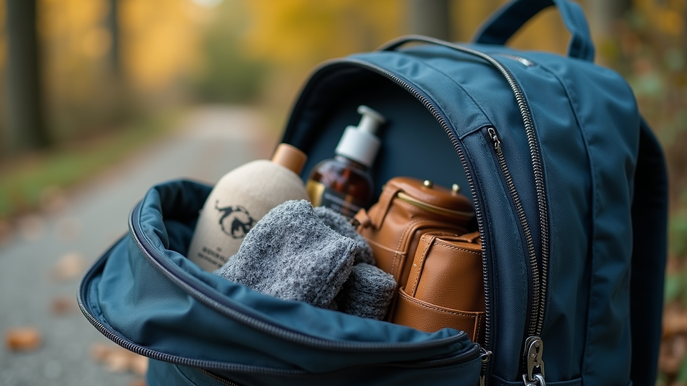 Close-up of a neatly packed backpack with travel essentials