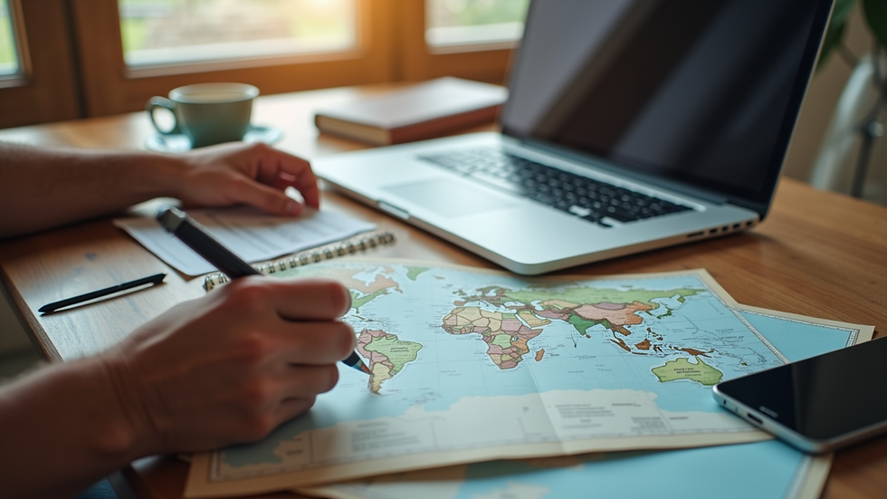 Wide angle view of a traveler planning a trip on a laptop with maps and notes