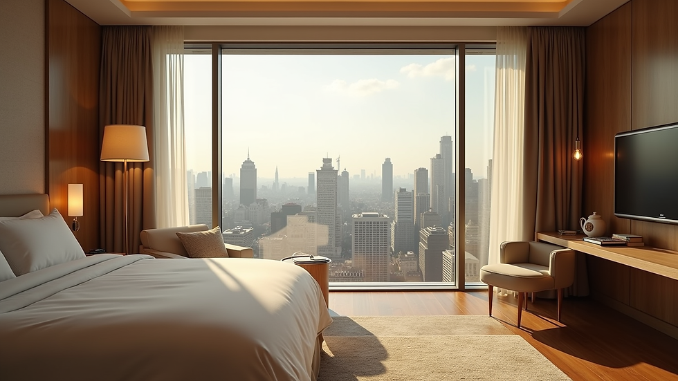 Wide angle view of a cozy hotel room with a city view