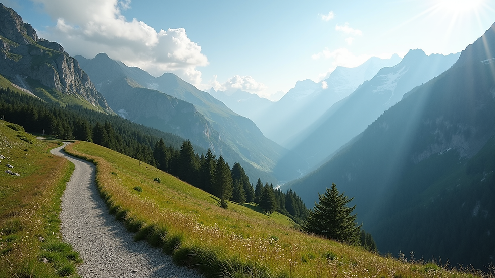Wide angle view of a scenic mountain landscape with a winding trail