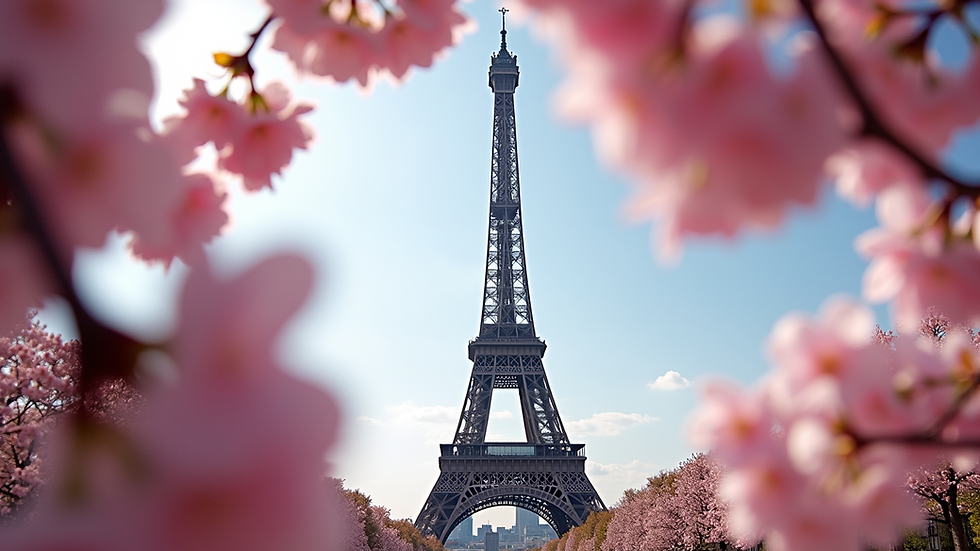Eye-level view of the Eiffel Tower framed by blooming cherry blossoms