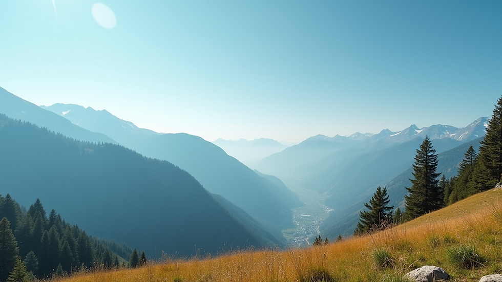 Eye-level view of a scenic mountain landscape with a clear blue sky