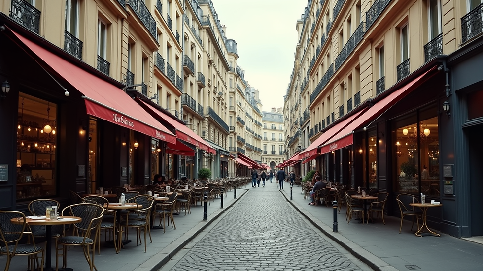 Eye-level view of a quiet Parisian street with classic architecture and a small café