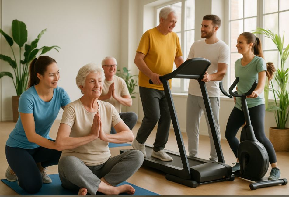 Group exercise scene with seniors and trainers in a bright room. One sits cross-legged meditating, others use treadmill and bike, all smiling.