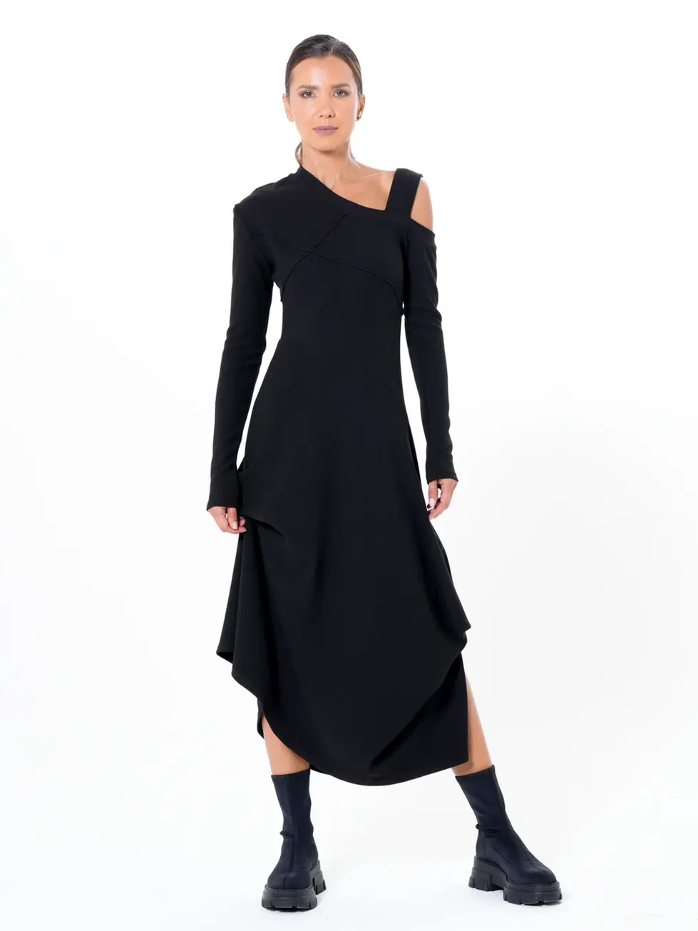 Metamorphoza Asymmetric Black Dress with Shoulder Cutout