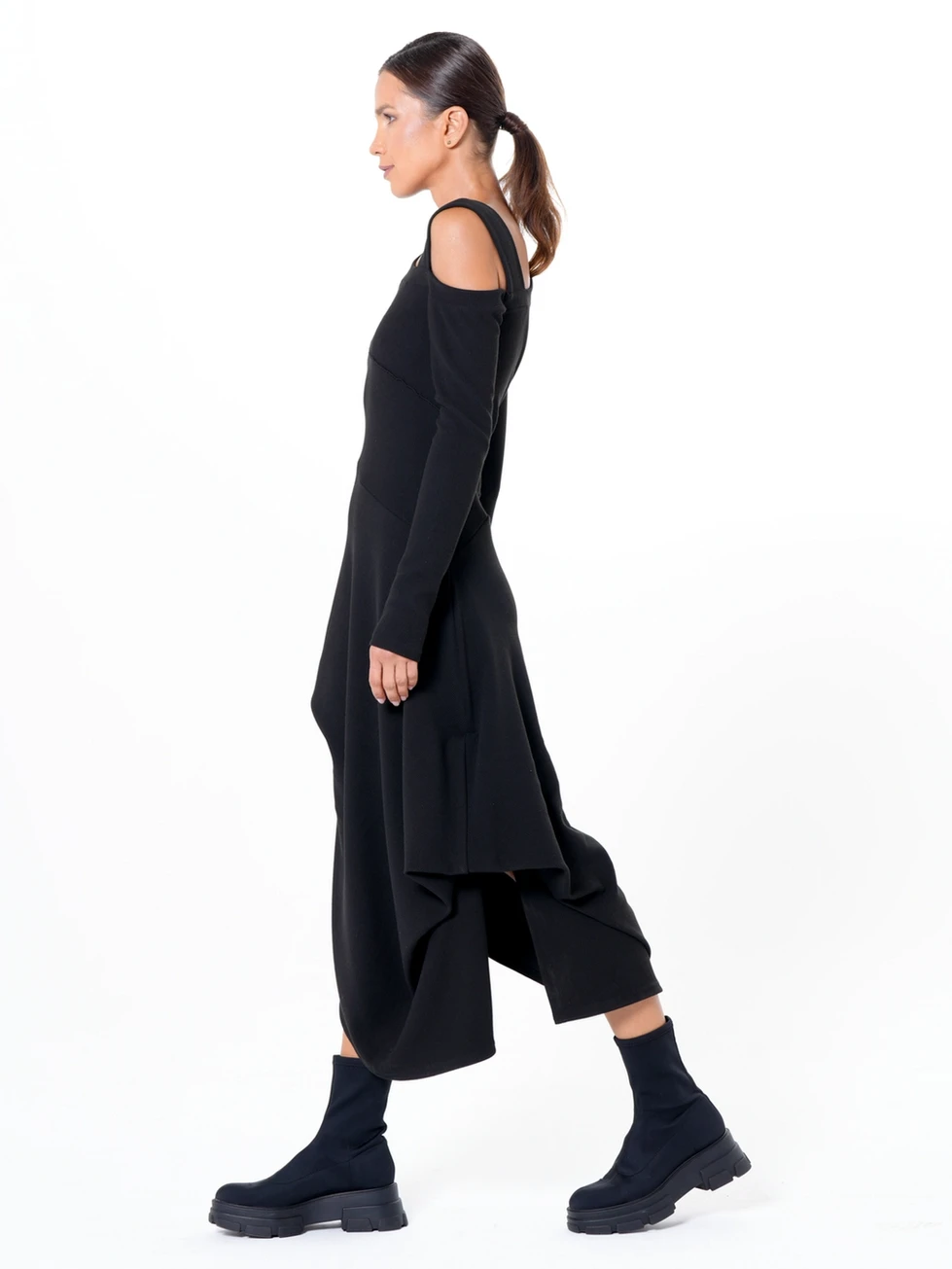 Metamorphoza Asymmetric Black Dress with Shoulder Cutout