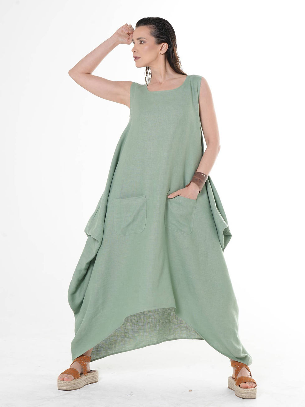 Metamorphoza Oversize Linen Dress In Green METD0253