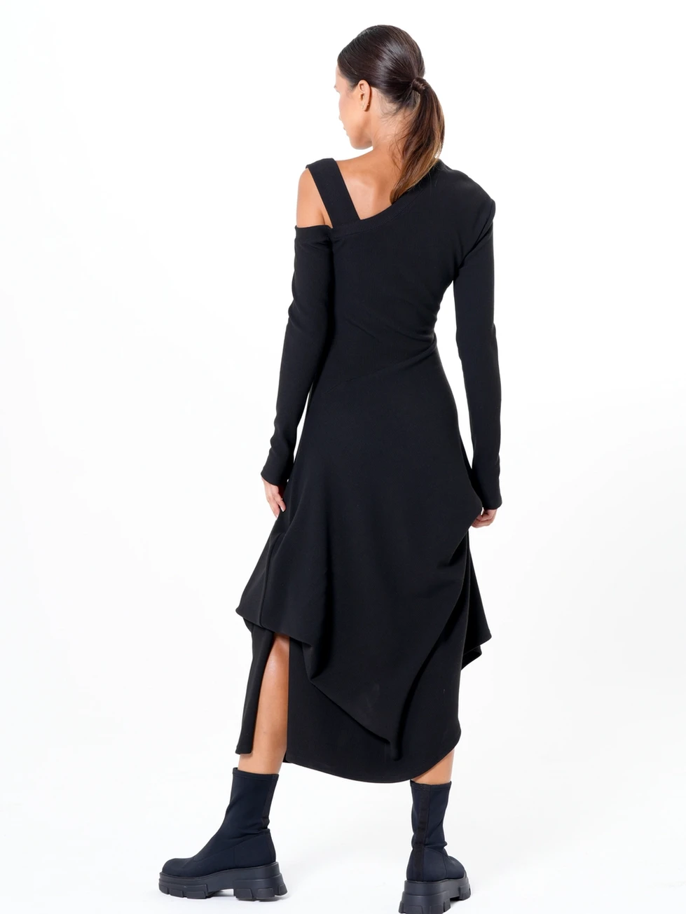 Metamorphoza Asymmetric Black Dress with Shoulder Cutout