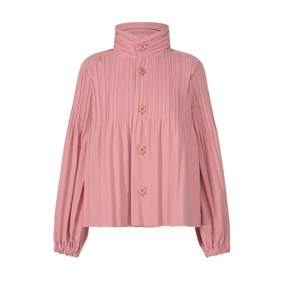 Masa Miyake Pleated Lantern Sleeve Button Up in pink