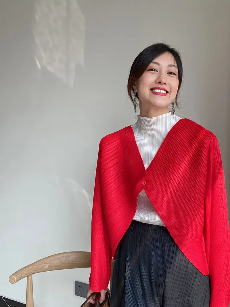 Masa Miyake Pleated Single Button Cardigan Jacket in Red