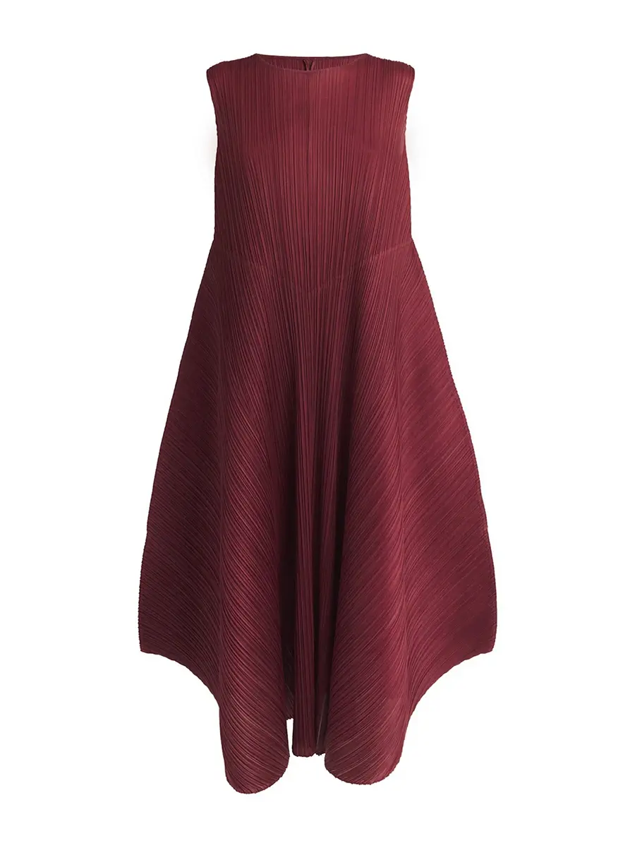 Masa Miyake Pleated Sleeveless Loose Bud Dress in Maroon