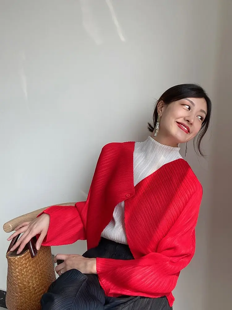 Masa Miyake Pleated Single Button Cardigan Jacket in Red