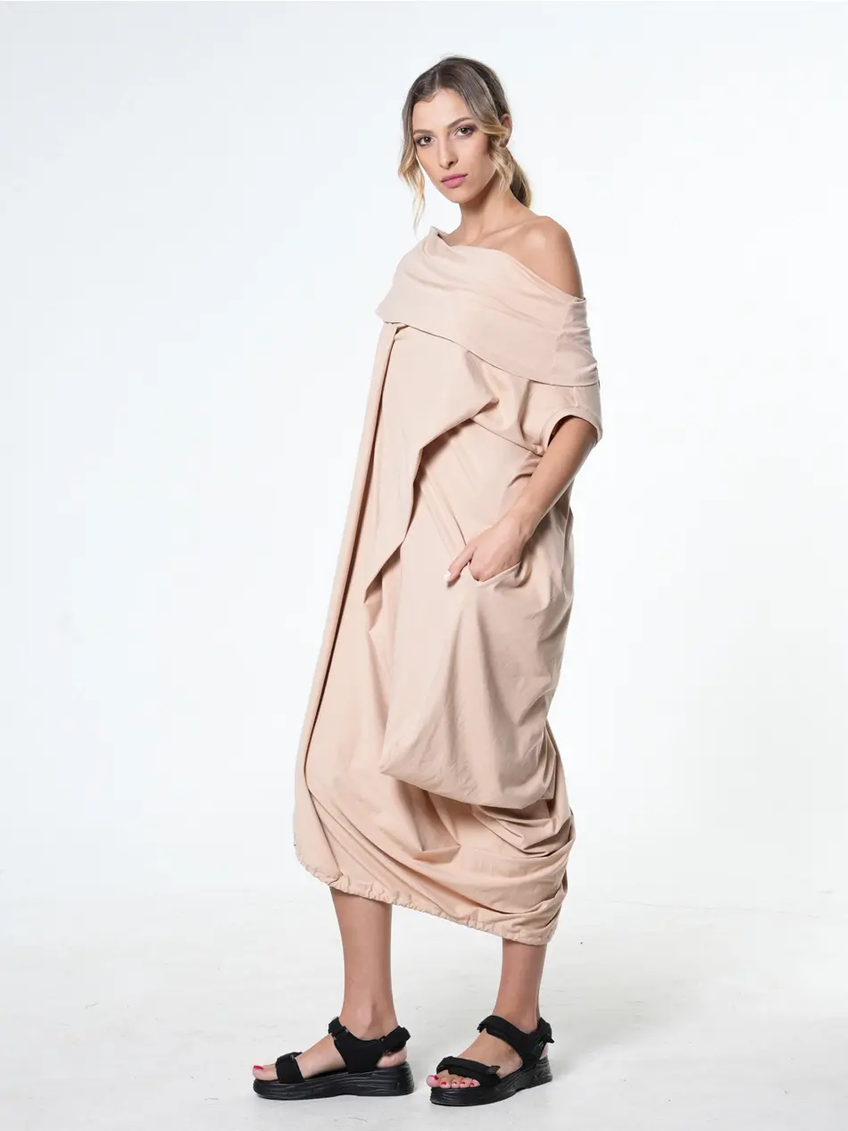 Metamorphoza Draped Asymmetrical Dress - Beige METD0217