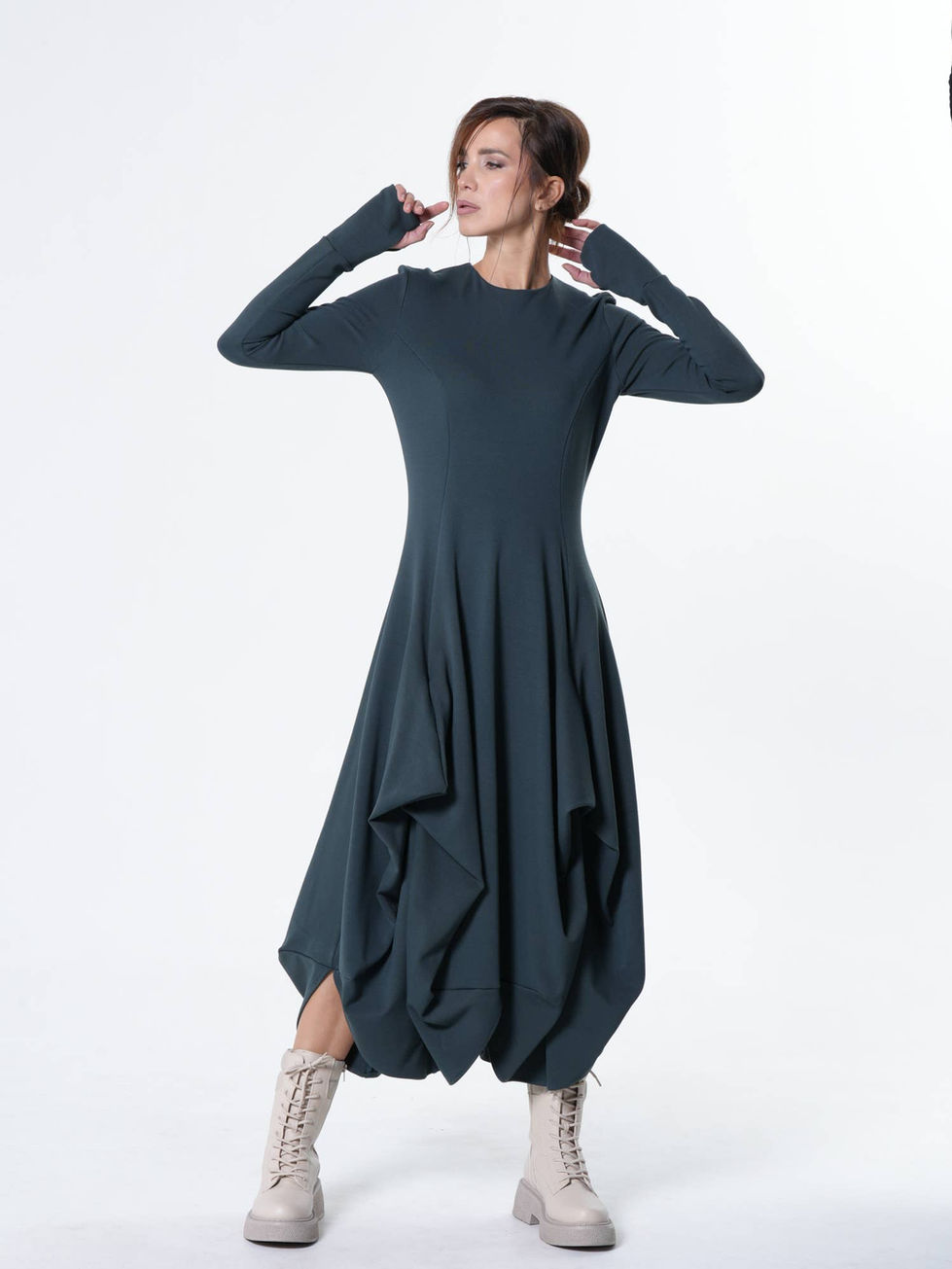 Metamorphoza Maxi Draped Dress With Thumbhole Sleeves -  Petrol