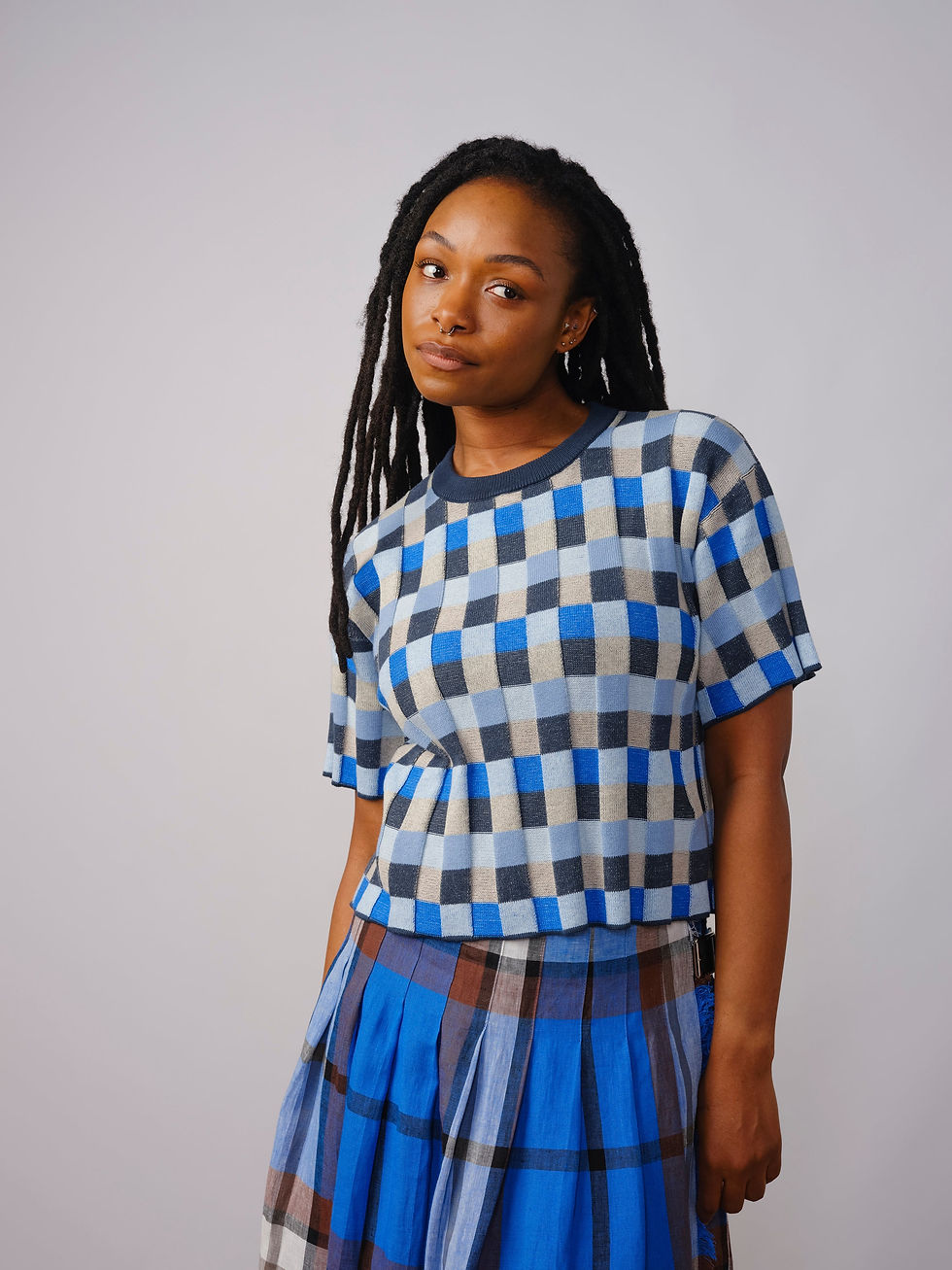 Endery Anni Grid Plaited Tee - Jet Stream