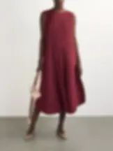 Masa Miyake Pleated Sleeveless Loose Bud Dress in Maroon