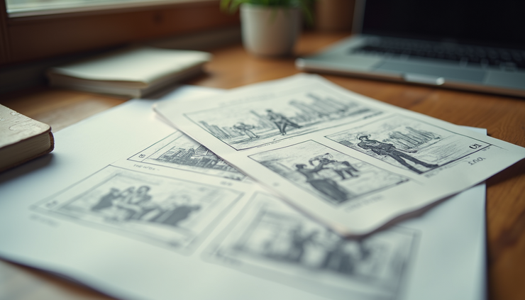 Eye-level view of a film script on a desk with storyboard sketches nearby