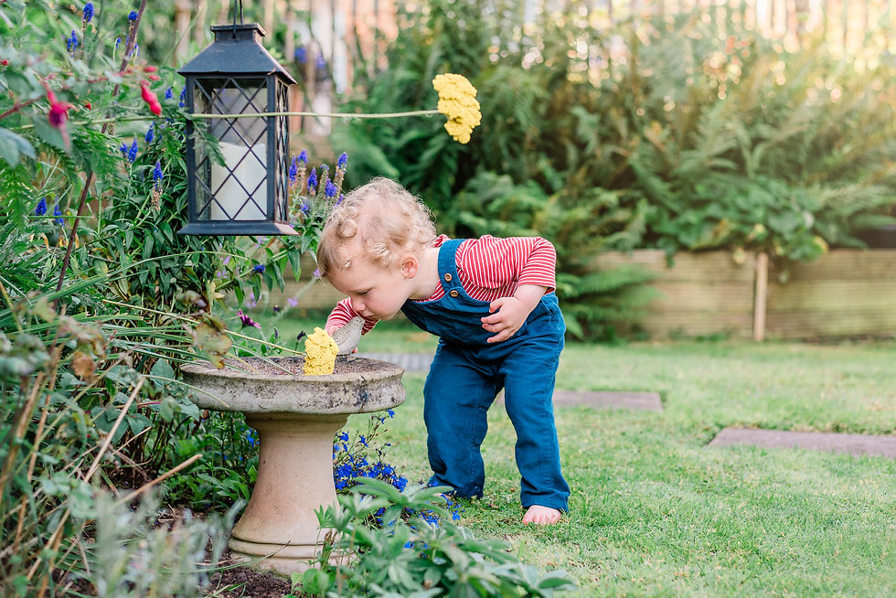 A young child playing in the garden during a family photoshoot in Taunton, Somerset. 