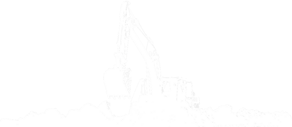 A black and white sillhouette of an excavator performing work behind a dirt mound