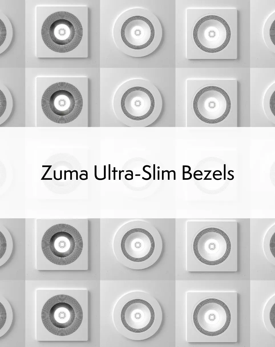 Zuma Ultra-Slim Bezels pattern – Grid display of round and square Zuma ultra-slim bezels in a monochrome design, highlighting