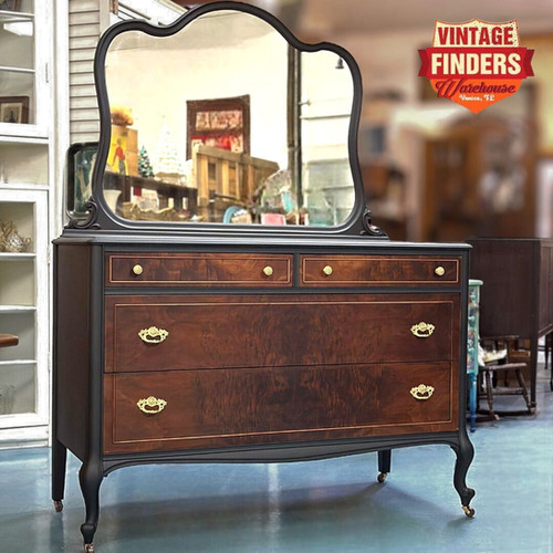 Refinished Burl Walnut Antique Dresser & Mirror by Peck & Hills