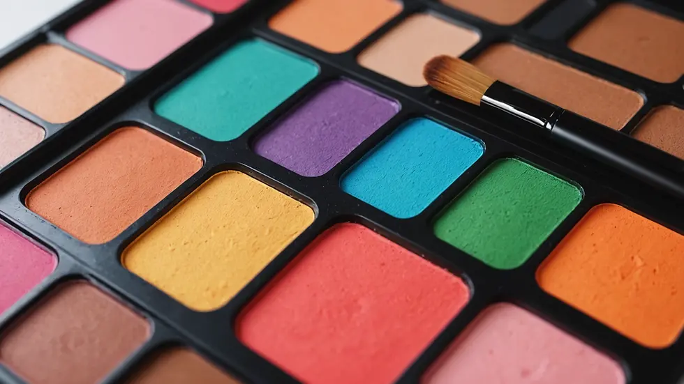 Close-up of a colorful makeup palette with brushes