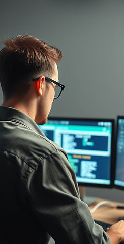 A man seen from behind looking at a desktop monitor, they are clearly working hard at fixi