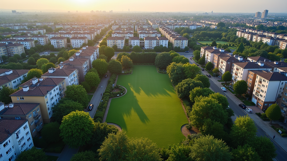 Aerial view of a vibrant urban neighborhood with apartments and parks