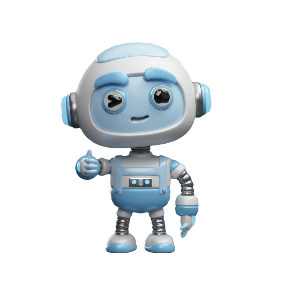 Animated blue robot giving a thumbs-up, smiling friendly with metal legs