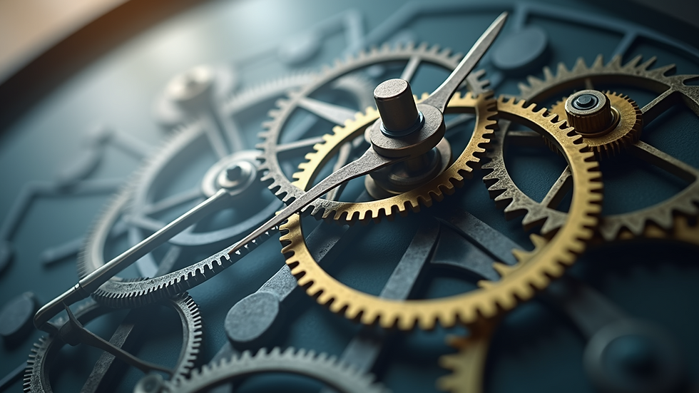 Close-up view of a clock with gears, symbolizing time management and efficiency