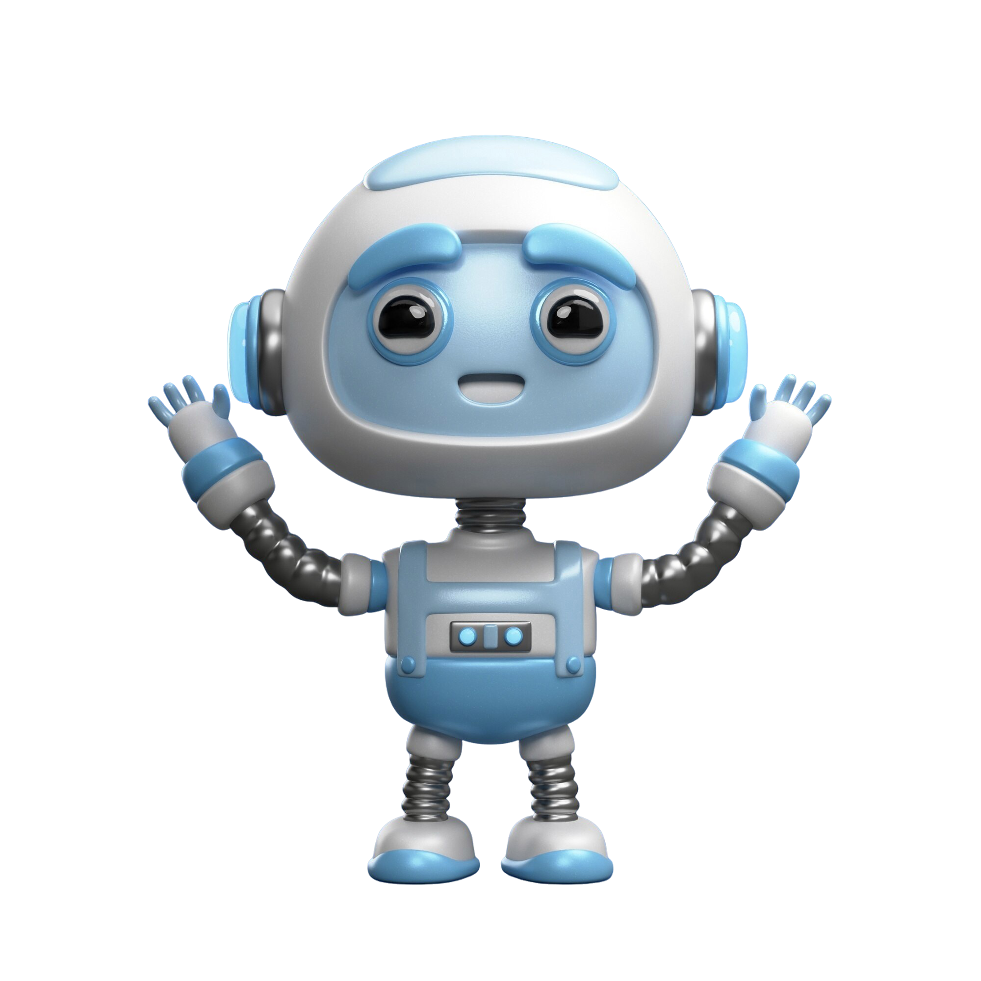 A friendly blue robot with open arms, raising hands, and welcoming you.