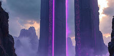 Explorers discover a huge alien monolith located within a hidden area in the mountains. Dark cloudy skies lie behind it. Glowing purple alien lettering line the monolith from the misty ground up.