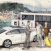 Watercolor of a Peugeot 508GT at Port Hercules in Monaco. A young couple disembarks from the ship and is handed keys to the car by a man who has been awaiting their arrival.