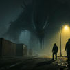 During a foggy night among the shipping containers, two dock security men are being watched by a gigantic dark creature hiding in the fog.