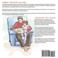 Back book cover featuring author an artist bio. Art is a man sitting in a blue recliner reading An Elephant in our Garden to his young daughter. She happily sits upon his knee.