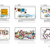 Colorful storyboards featuring a parrot flying and lot of colored particles